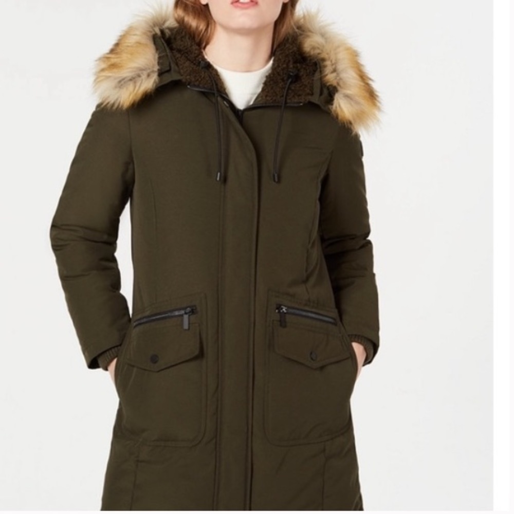 French Connection Black Fur Hooded Parka NWT L
